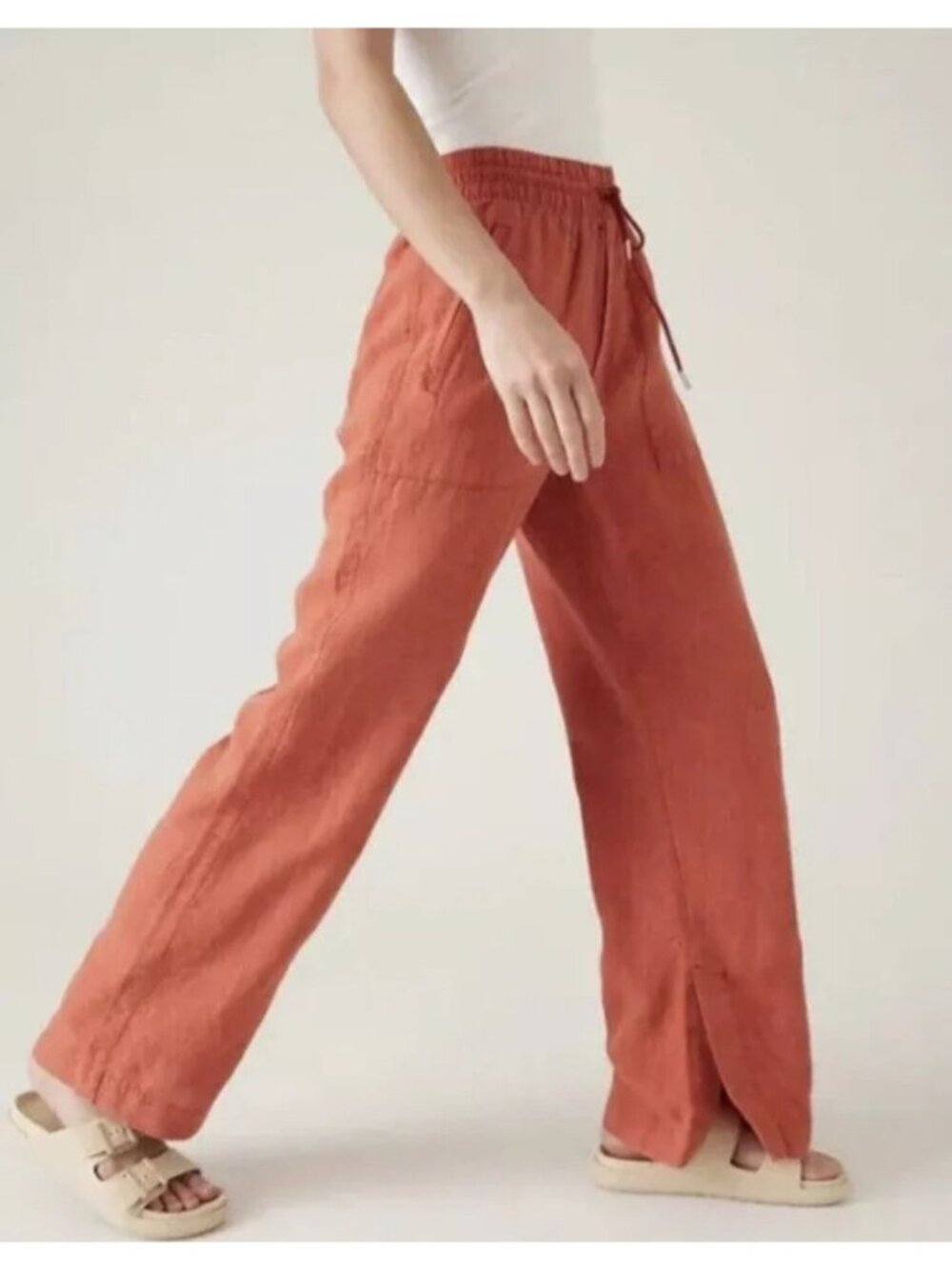 Athleta Women's Size 4 Orange Linen-Blend Wide-Leg Pants With Elastic Waist